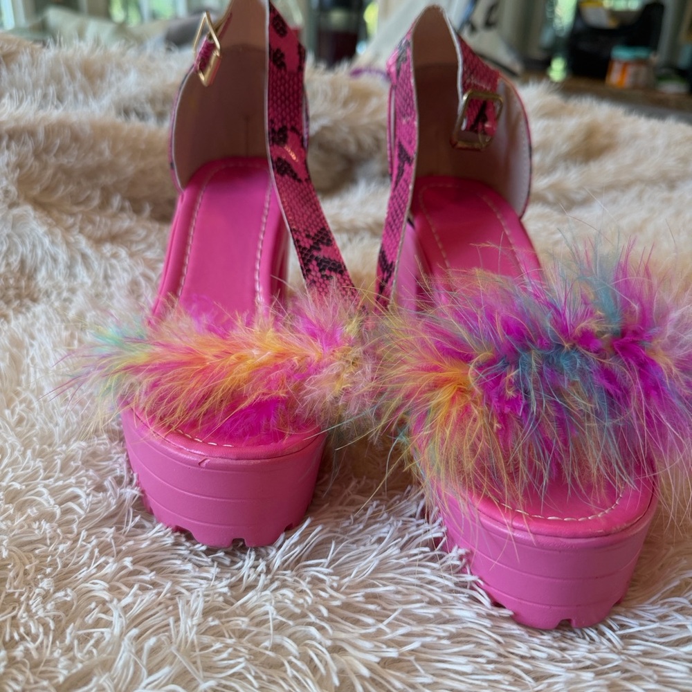 Hot Pink Platform Sandals with Rainbow Marabou Trim